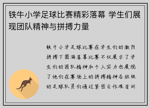 铁牛小学足球比赛精彩落幕 学生们展现团队精神与拼搏力量