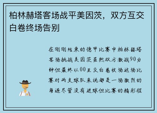 柏林赫塔客场战平美因茨，双方互交白卷终场告别