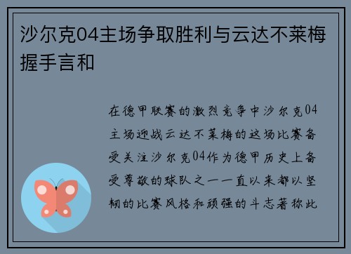 沙尔克04主场争取胜利与云达不莱梅握手言和