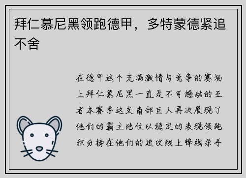 拜仁慕尼黑领跑德甲，多特蒙德紧追不舍