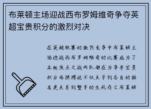 布莱顿主场迎战西布罗姆维奇争夺英超宝贵积分的激烈对决