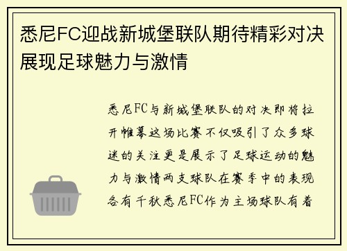 悉尼FC迎战新城堡联队期待精彩对决展现足球魅力与激情