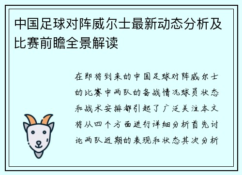 中国足球对阵威尔士最新动态分析及比赛前瞻全景解读