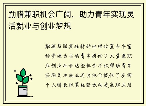 勐腊兼职机会广阔，助力青年实现灵活就业与创业梦想