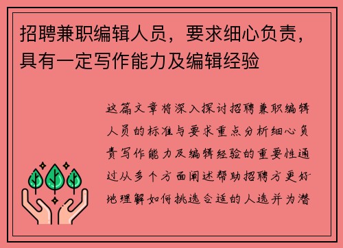 招聘兼职编辑人员，要求细心负责，具有一定写作能力及编辑经验