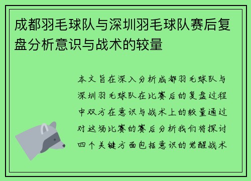 成都羽毛球队与深圳羽毛球队赛后复盘分析意识与战术的较量