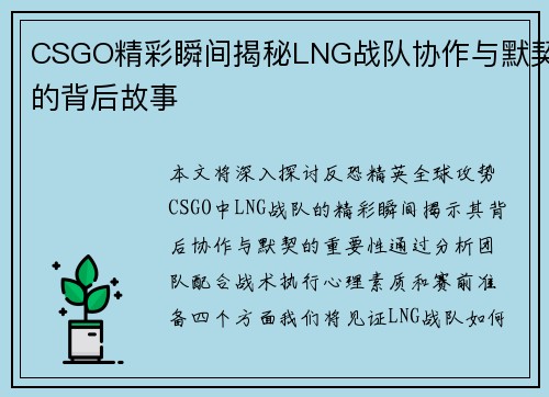 CSGO精彩瞬间揭秘LNG战队协作与默契的背后故事