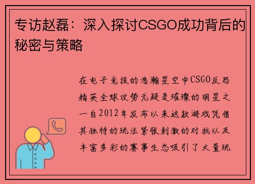 专访赵磊：深入探讨CSGO成功背后的秘密与策略