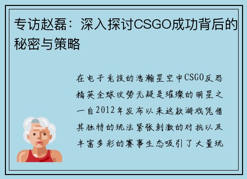 专访赵磊：深入探讨CSGO成功背后的秘密与策略