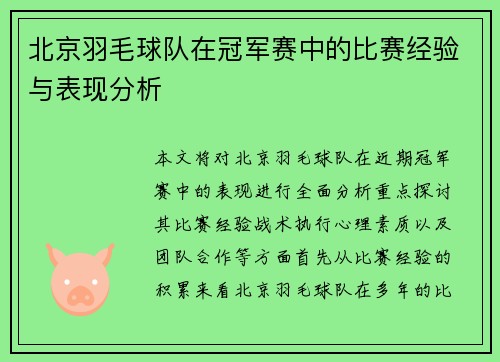 北京羽毛球队在冠军赛中的比赛经验与表现分析